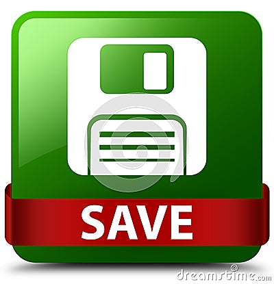 Save (floppy disk icon) green square button red ribbon in middle Cartoon Illustration