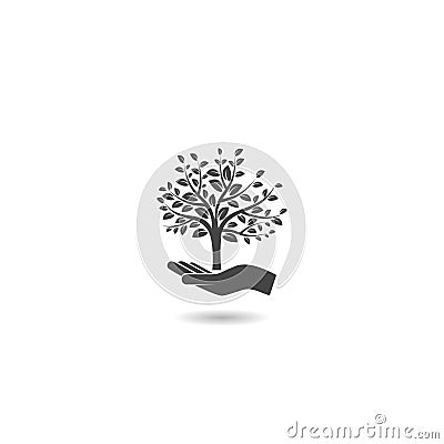 Save forest sign icon. Hand holds tree icon with shadow Vector Illustration