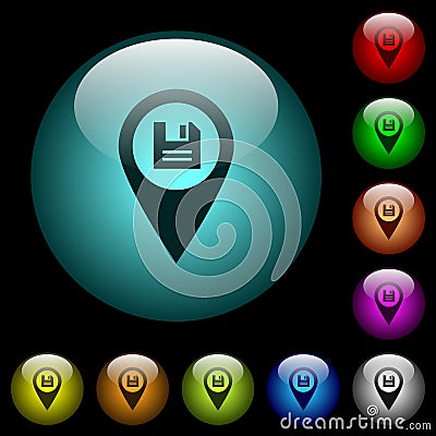 Save GPS map location icons in color illuminated glass buttons Stock Photo