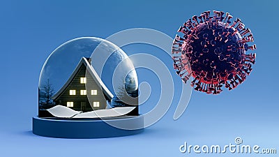 Save house from coronavirus Covid 19 virus. Stay home .House in dome glass with coronavirus Covid 19 . 3d rendering Stock Photo