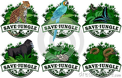 Save jungle emblems with animals set Vector Illustration