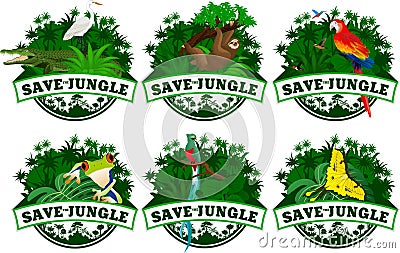 Save jungle emblems with animals set Vector Illustration