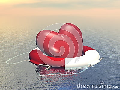 Save the Love concept - Red heart shape floating on a buoy on the ocean - 3D render Stock Photo