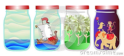 Save the memories of summer. Vector allegorical illustration with sea, ship, forest and tropical animals in jar. Vector Illustration