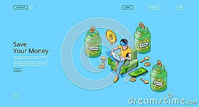 Save money banner with isometric glass jars Vector Illustration