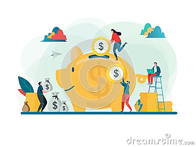 Save money concept. Business finance and investment. Large piggy bank. Flat cartoon character graphic design. Vector Illustration