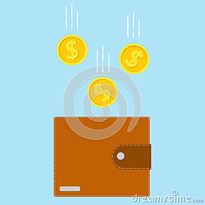 Save the money. The concept of saving and investing money. Gold coins are falling into the wallet. Vector, cartoon Vector Illustration