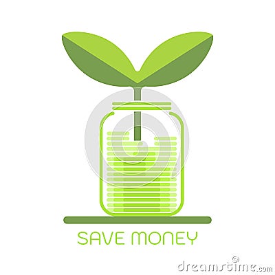 Save money illustration, growth plant from coin in bottle. Cartoon Illustration