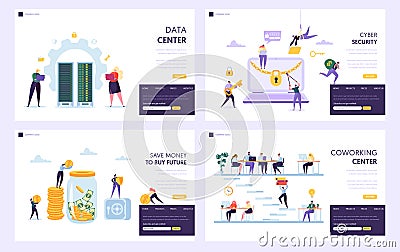 Save Money to Buy Future Landing Page Set. Data Center and Cyber Security Protect Private Information. Coworking Center Vector Illustration