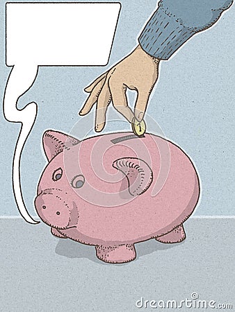 Piggy bank piggy bank illustartion with hand inserting money for economic savings. Stock Photo