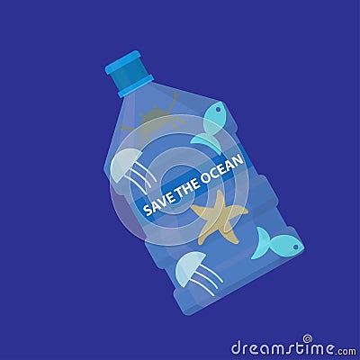 Water gallon with fish, starfish, crab and jellyfish inside and with the text save the ocean Vector Illustration