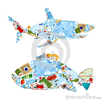 Save the ocean. Different waste polluting sea and beach. Vector Illustration