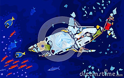 Save the ocean. Different waste polluting sea and beach. Vector Illustration