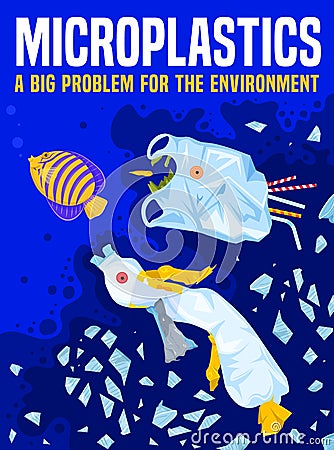 Microplastics problem poster. Save the ocean concept Vector Illustration