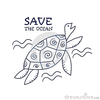 Save the Ocean, sea turtles crying for help. Sketch for your design Vector Illustration