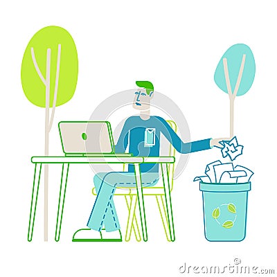 Save Paper and Stop Trees Cutting Concept. Businessman Character Sitting at Office Desk Throw Crumpled Paper Sheets Vector Illustration