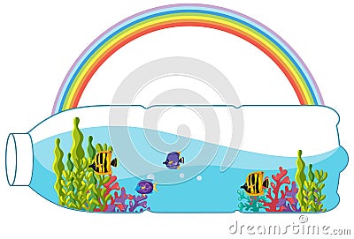 Save planet concept with corals and fishes in a plastic bottle Vector Illustration