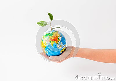 Save planet. Globe in the hands of wonam. Save Earth concept. Stock Photo