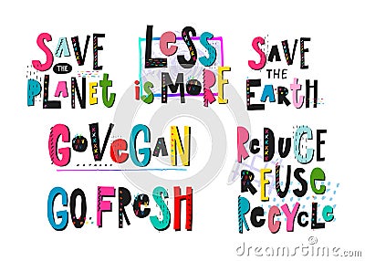 Save Planet Go Vegan recycle print quote lettering Vector Illustration