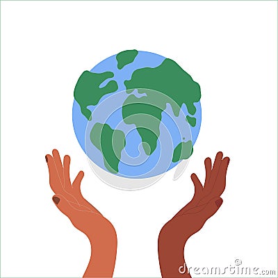 Save the planet. Hands holding globe, earth. Earth day concept. Vector illustration of icons about environmental Vector Illustration