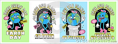 Save the planet in trendy retro cartoon style. Set of Earth Day posters. World Environment Day cards. Vector Illustration