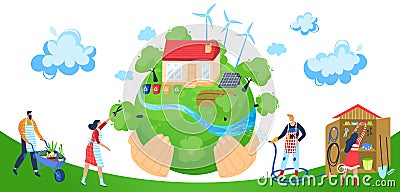 Save planet vector illustration, cartoon flat activist people working for saving ecology, cleaning green globe from Vector Illustration