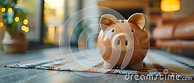 Save Smartly for Your Home: Stylish Piggy Bank on Hardwood Floor. Concept Home Decor, Savings Tips, Stock Photo