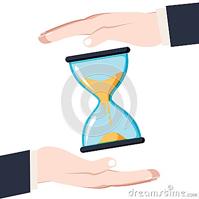 Save time concept. Businessman in hands is holding a watch, alar Cartoon Illustration
