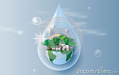 Save water concept of elephants in forest,Creative Origami design world environment and earth day paper cut and craft style. Vector Illustration