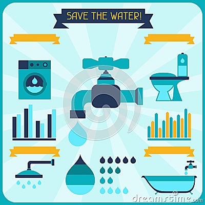 Save the water. Poster with infographics in flat Vector Illustration