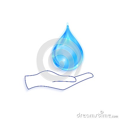 Save water sign icon. Hand holds blue drop symbol Vector Illustration