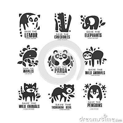 Save wild animal logo design set, protection of african animals black and white sign vector Illustrations on a white Vector Illustration