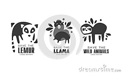 Save Wild Animals Logo Design Set, Protection of Lemur, Llama Animals Black and White Badges Vector Illustration Vector Illustration