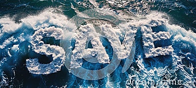 Save word written with sea waves, water, and foam on a sea's textured surface, a top view background depicting an Stock Photo