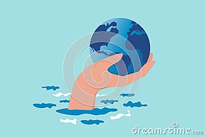 Save the world from climate change and global warming problem, protect our planet from melting ice flood or disaster concept, hand Vector Illustration