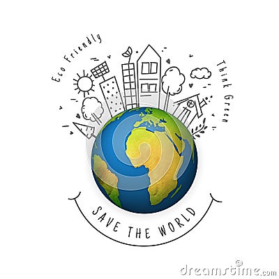 Save The World concept with line art illustration of city view. Cartoon Illustration