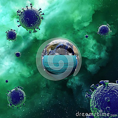 Save the world from Covid 19 virus. The planet earth wear surgery mask with coronavirus Covid 19 virus . 3d rendering Stock Photo