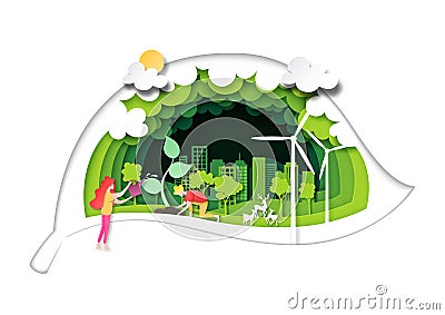 People plant the tree on green city with green leaf background layers paper art style Vector Illustration