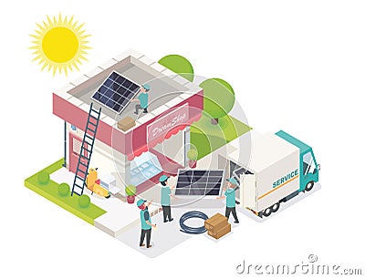 Solar cell team service small business isometric vector Vector Illustration