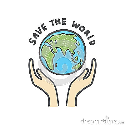 Save the world, Globe and hands doodle. Earth icon hand-drawn on white background. Vector Illustration