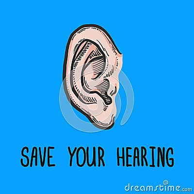 Save your hearing blue concept background, hand drawn style Cartoon Illustration