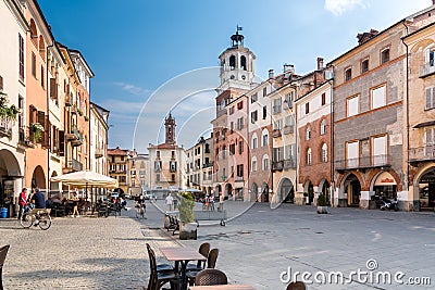 Savigliano, Cuneo, Italy: Piazza Santarosa with the civic tower, Editorial Stock Photo