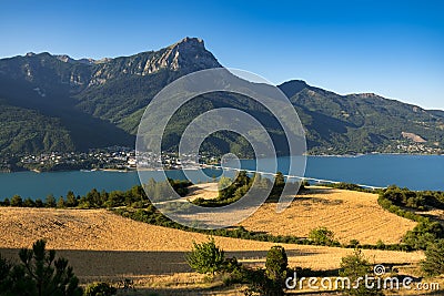 Savines-le-Lac and the Grand Morgon peak with Serre-Poncon Lake. Hautes-Alpes, Alps, France Stock Photo