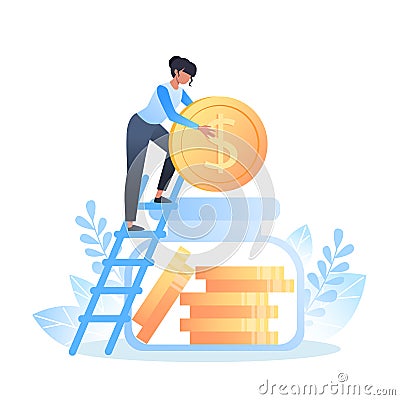 Saving and investing money. Woman stack dollar coins in money box, vector illustration Vector Illustration