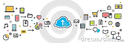 Saving cloud service with icons long background for website banner Vector Illustration