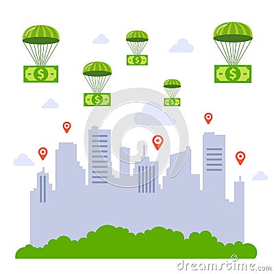 Saving the economy with government money. money falling on the city by parachutes. Vector Illustration
