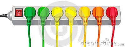 Saving energy consumption concept, row from colored plugs. 3d re Stock Photo