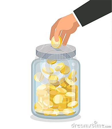 Saving flat money jar with hand holding coin Vector Illustration