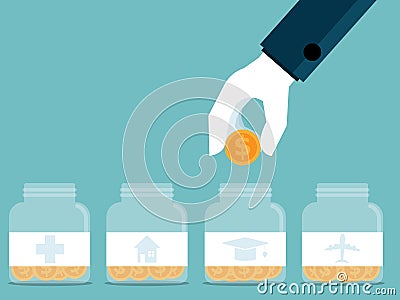 saving for future concept human hand putting money coin into glass jar with symbol plan Vector Illustration