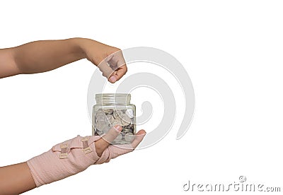 saving money and arm with elastic bandage, broken , health care concept Stock Photo